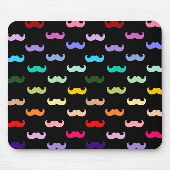 Colourful Rainbow Moustache pattern on black Mouse Pad (Front)