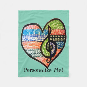 Colourful Rainbow Music Heart Doodle Personalised Fleece Blanket