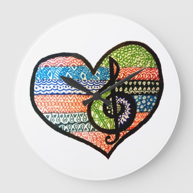 Colourful Rainbow Music Heart Doodle Personalised Large Clock (Front)