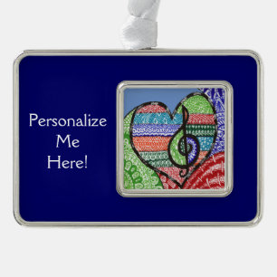 Colourful Rainbow Music Heart Doodle Personalised Silver Plated Framed Ornament