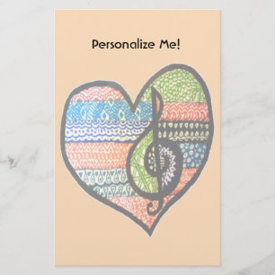 Colourful Rainbow Music Heart Doodle Personalised Stationery