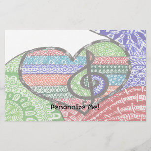 Colourful Rainbow Music Heart Doodle Personalised Stationery