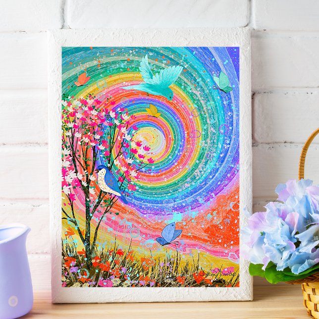 Colourful Rainbow Nature Wildflowers. Poster (Colorful Beautiful Rainbow in wildflower fields with birds and butterflies.)