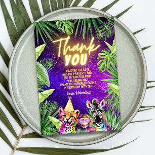 Colourful Rainbow Neon Glow Safari Party Animals Thank You Card