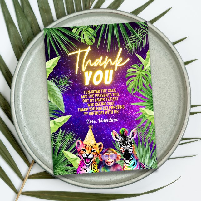 Colourful Rainbow Neon Glow Safari Party Animals Thank You Card (Creator Uploaded)