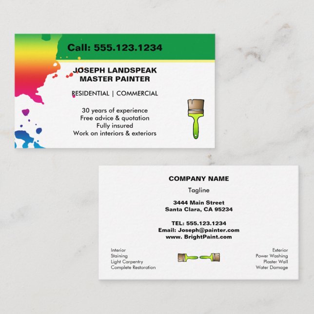 Colourful Rainbow Paint Drips Master Painter  Business Card (Front/Back)