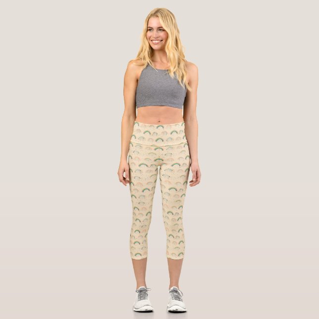 Colourful Rainbow Pattern on Beige Background Capri Leggings (Front)
