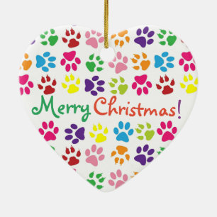 Colourful Rainbow Paw Prints Merry Christmas Ceramic Ornament