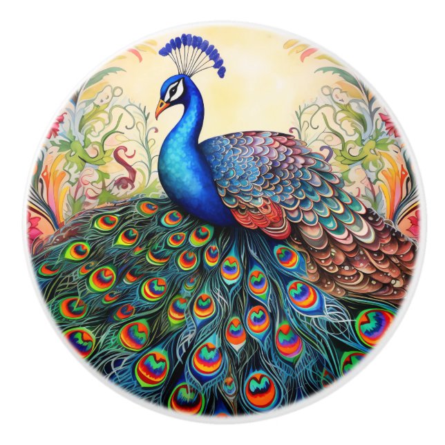Colourful Rainbow Peacock Ceramic Knob (Front)