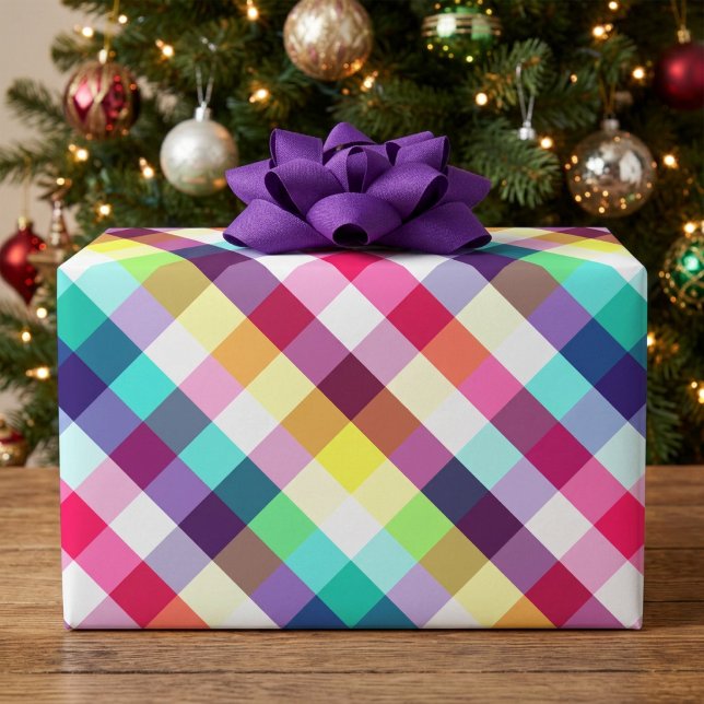 Colourful Rainbow Plaid Wrapping Paper (Colorful Funky Rainbow Plaid Wrapping paper covering a gift box.)