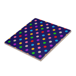 Colourful Rainbow Polka Dots Blue Ceramic Tile