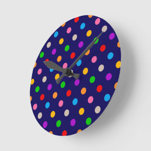 Colourful Rainbow Polka Dots Blue Round Clock