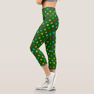 Colourful Rainbow Polka Dots Green Capri Leggings