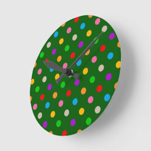 Colourful Rainbow Polka Dots Green Round Clock