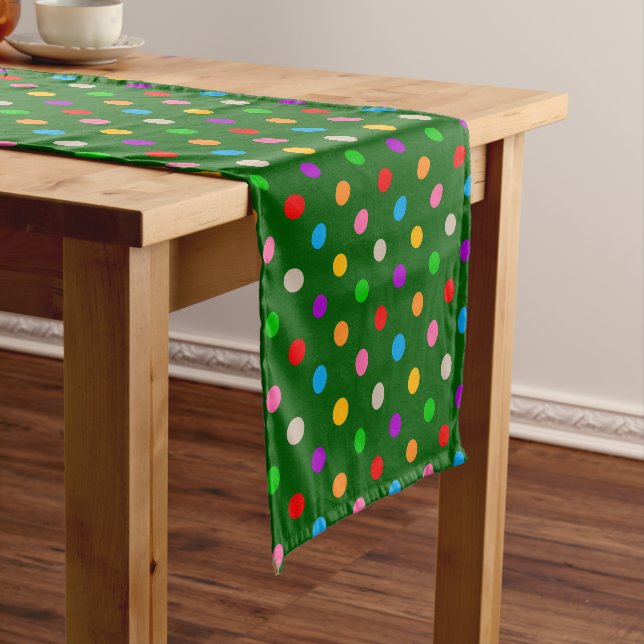 Colourful Rainbow Polka Dots Green  Short Table Runner (In Situ)