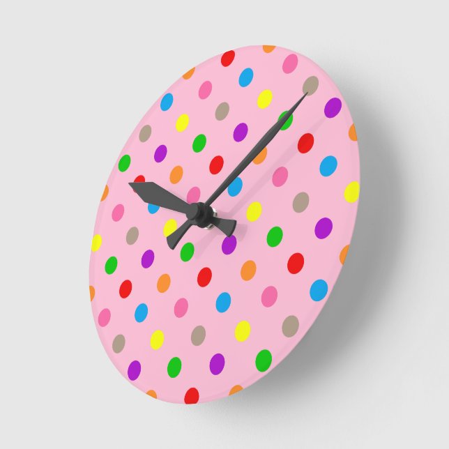 Colourful Rainbow Polka Dots Pink  Round Clock (Angle)