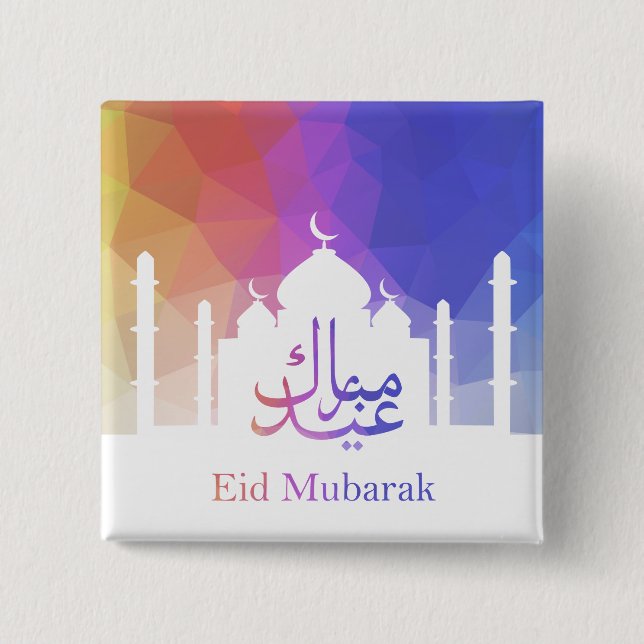 Colourful Rainbow Polygonal Eid Mubarak Mosque 15 Cm Square Badge (Front)