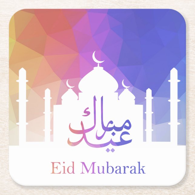 Colourful Rainbow Polygonal Eid Mubarak Mosque Square Paper Coaster (Front)