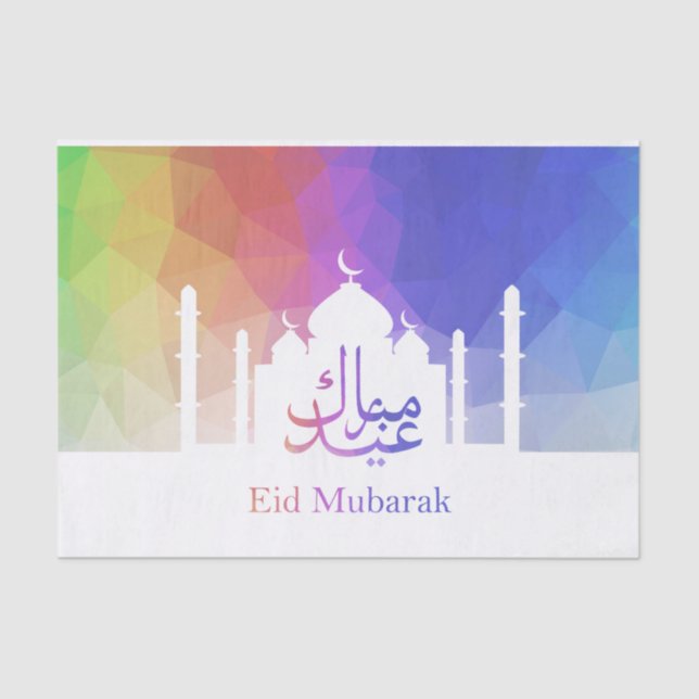 Colourful Rainbow Polygonal Eid Mubarak Mosque Tissue Paper (Front)