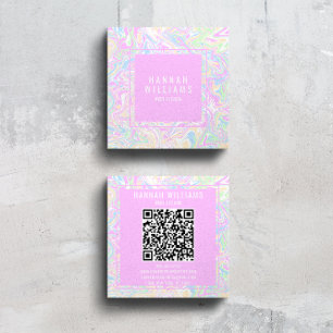 Colourful Rainbow QR Code Liquid Modern Girly Square Business Card