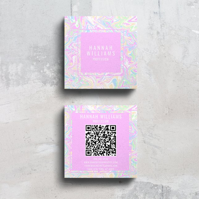 Colourful Rainbow QR Code Liquid Modern Girly  Square Business Card (Creator Uploaded)