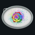 Colourful Rainbow Rose Belt Buckle<br><div class="desc">Large,  blooming rose with rainbow petals on white background,  painted over with splashes of colourful,  bright paint. 3d</div>