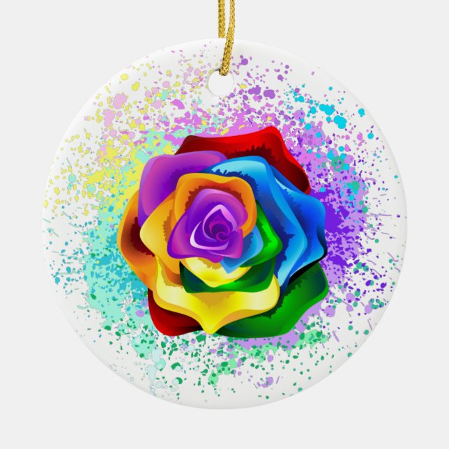 Colourful Rainbow Rose Ceramic Ornament (Front)