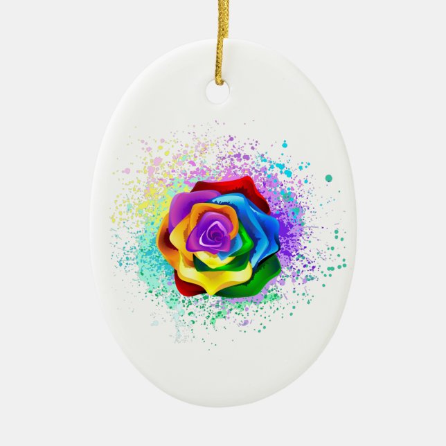 Colourful Rainbow Rose Ceramic Ornament (Front)