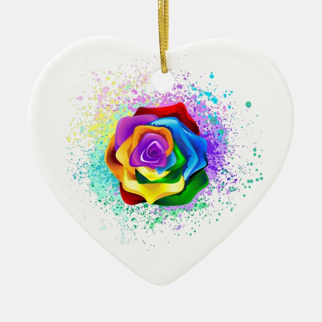 Colourful Rainbow Rose Ceramic Ornament (Front)
