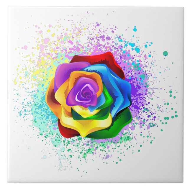 Colourful Rainbow Rose Ceramic Tile (Front)