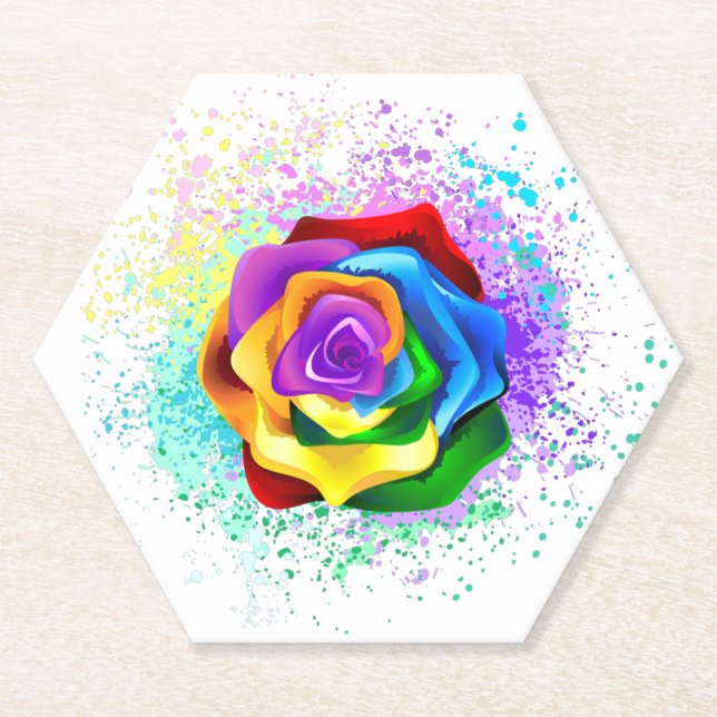 Colourful Rainbow Rose Paper Coaster (Front)