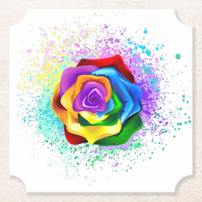 Colourful Rainbow Rose Paper Coaster (Front)
