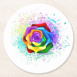 Colourful Rainbow Rose Round Paper Coaster