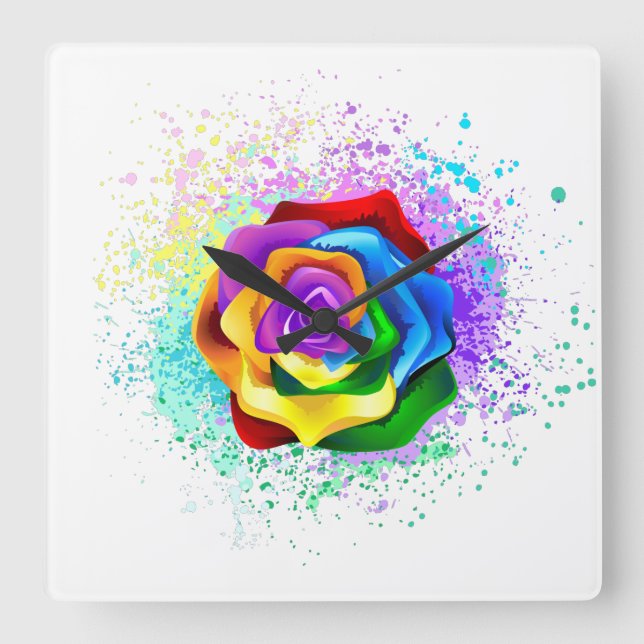Colourful Rainbow Rose Square Wall Clock (Front)