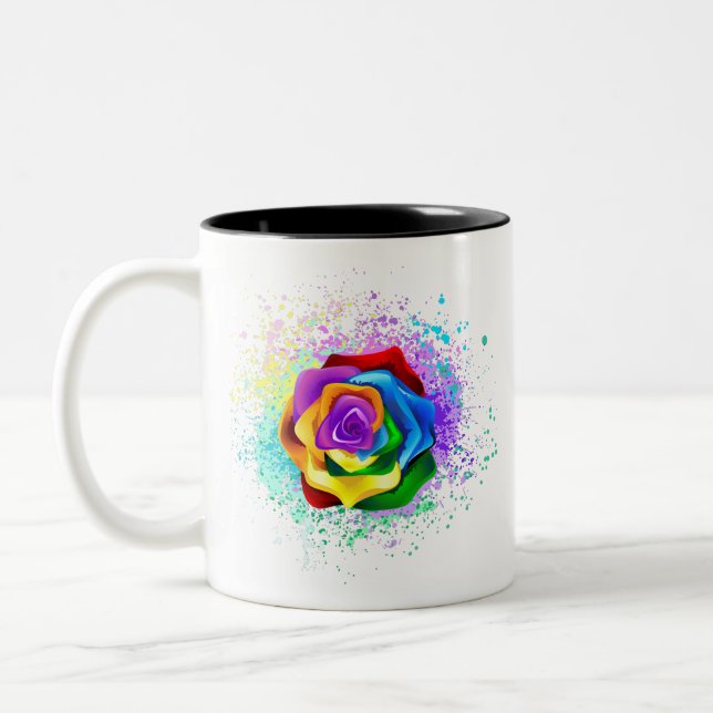Colourful Rainbow Rose Two-Tone Coffee Mug (Left)