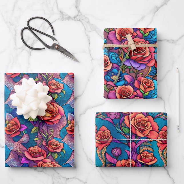 Colourful Rainbow Roses Flora Wrapping Paper (Front)