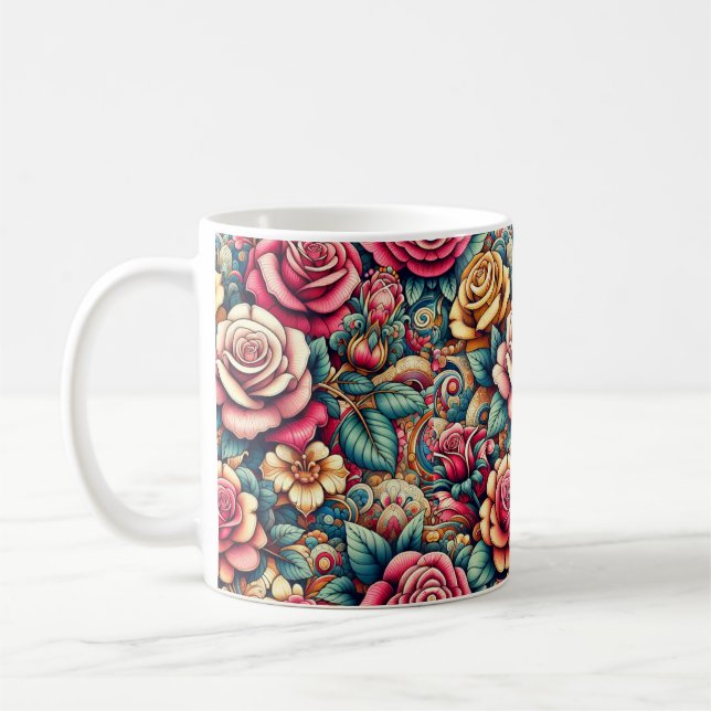 Colourful rainbow roses flowers coffee tea mug cup (Left)