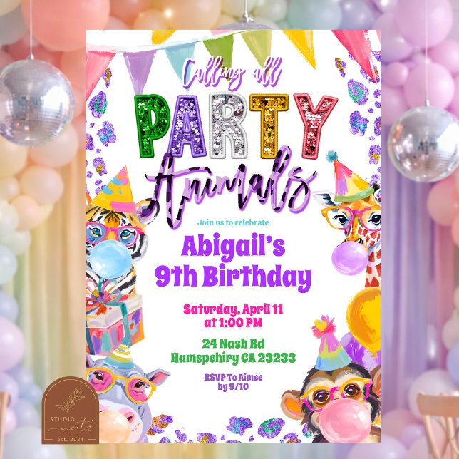 Colourful Rainbow Sequin Glitter Safari Birthday Invitation (Creator Uploaded)