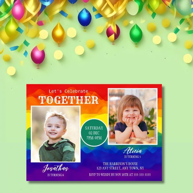 Colourful Rainbow Sibling Photo Joint Birthday  Invitation (Creator Uploaded)