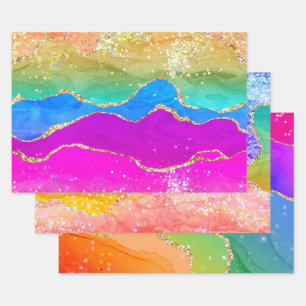 Colourful Rainbow Sparkling Glitter Marble Agate  Wrapping Paper Sheet
