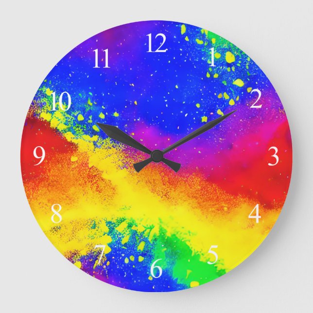 Colourful Rainbow Splattered Paint Pattern  Large Clock (Front)