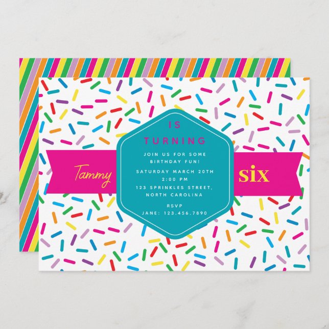 Colourful Rainbow Sprinkles Birthday Party Invitation (Front/Back)