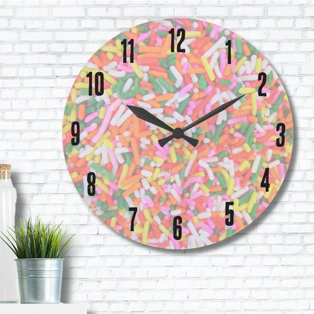 Colourful Rainbow Sprinkles Large Clock (Cute Trendy Rainbow Sprinkles Candy Pattern Large Clock)