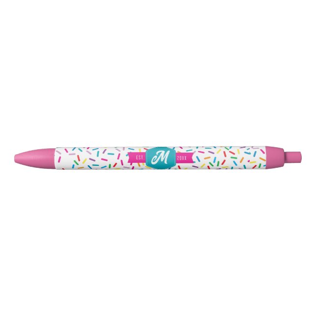 Colourful Rainbow Sprinkles Retro Monogram Black Ink Pen (Front)