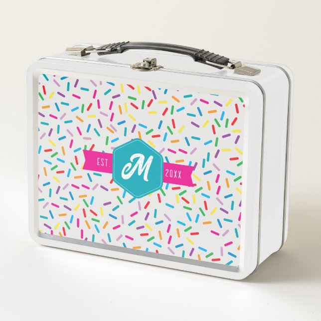 Colourful Rainbow Sprinkles Retro Monogram Metal Lunch Box (Front)