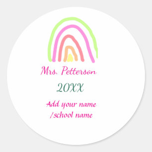 Colourful rainbow stripes add teacher name year classic round sticker