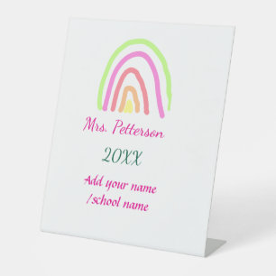 Colourful rainbow stripes add teacher name year pedestal sign