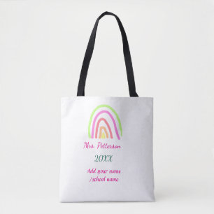 Colourful rainbow stripes add teacher name year tote bag