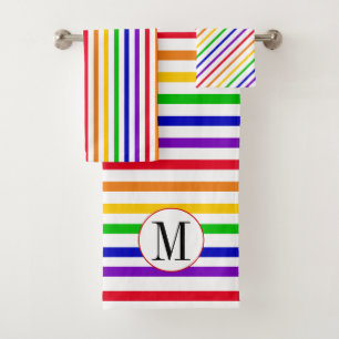 Colourful rainbow stripes and monogram bath towel set