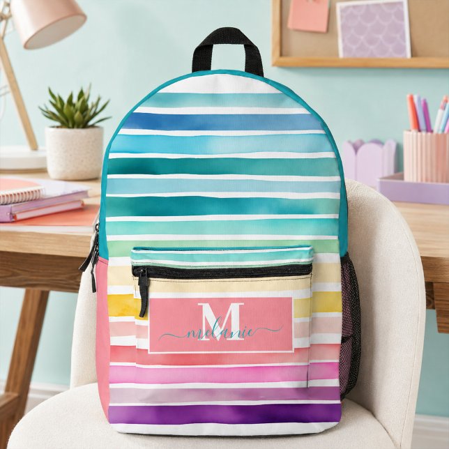 Colourful Rainbow Stripes Custom Monogram Name  Printed Backpack (Colorful Stripes Rainbow Custom Monogram Name Printed Backpack)
